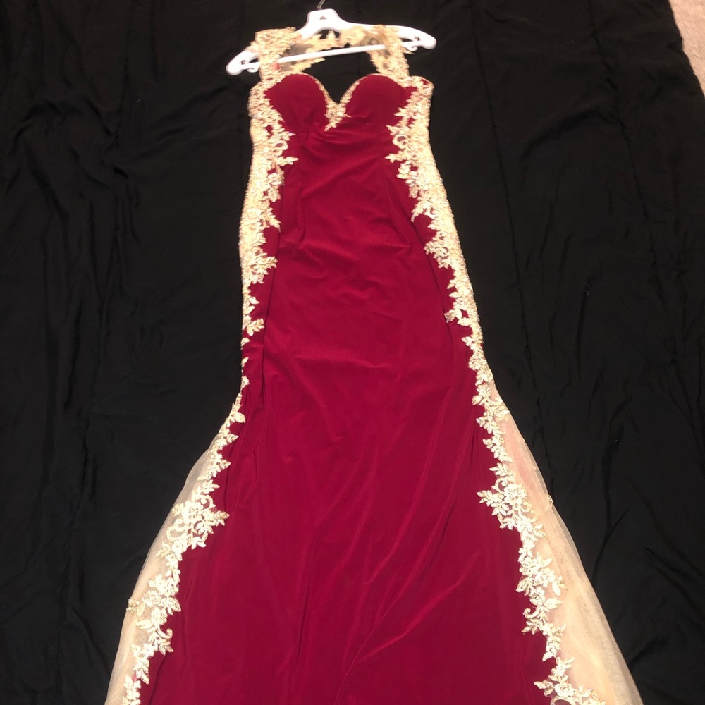 Let’s boutique long prom dress red burgundy & gold